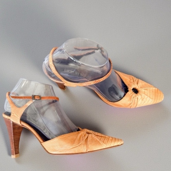 GIORGIO ARMANI Womens Croc Embossed Leather Heels Brown Tan Slingback Sz 38 1/2